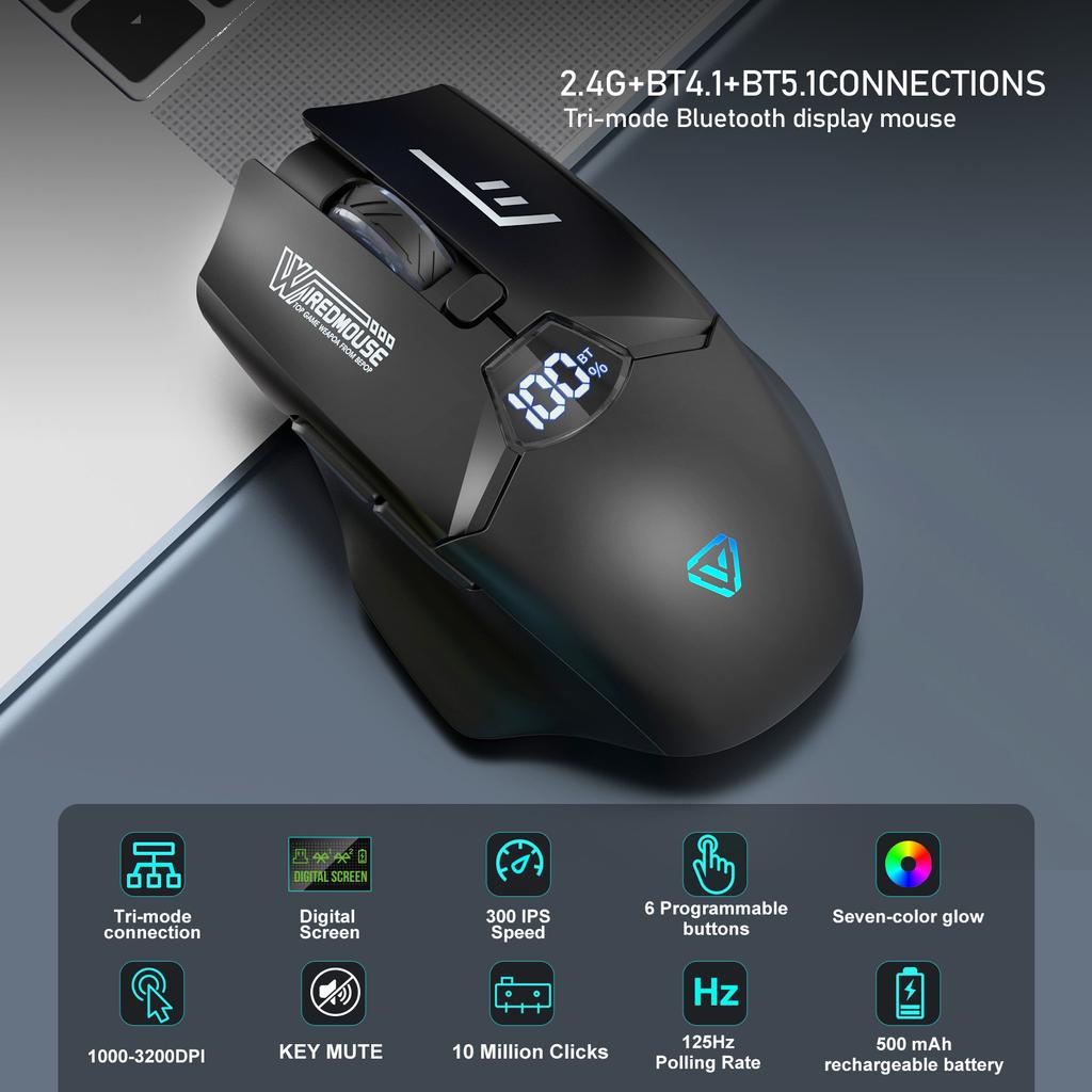 Baitian Wireless Bluetooth Dual-Mode Rechargeable Mouse Silent Gaming Smart Screen Display Computer Monitor Mouse