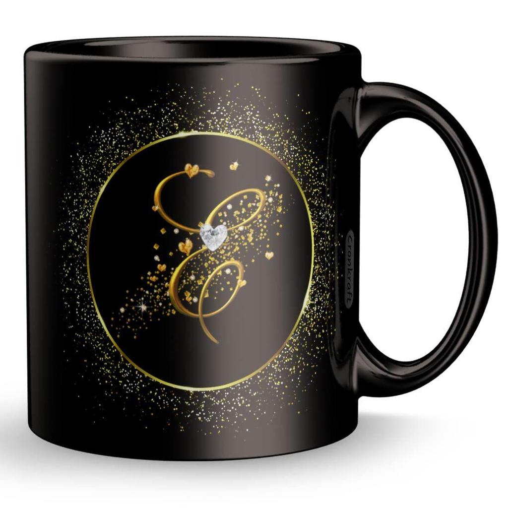 Golden Frame with E Alphabet Letter Printed Ceramic Mug + Keychain,Gift for Love,Birthday,Wife, Husband,  (E Alphabet)