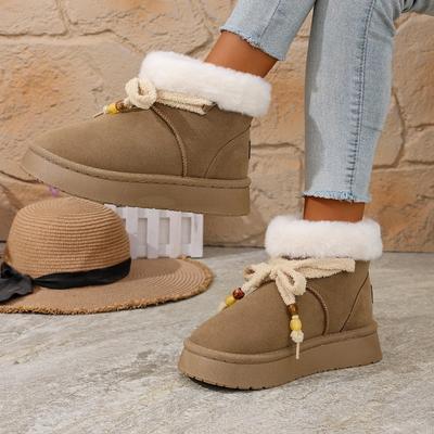 Damen Schneestiefel Runde Zehenpartie Plateausohle Schmetterlingsknoten Schnürung Perlen Baumwollstiefel Freizeit Allround Winterstiefel mit Fellfutter