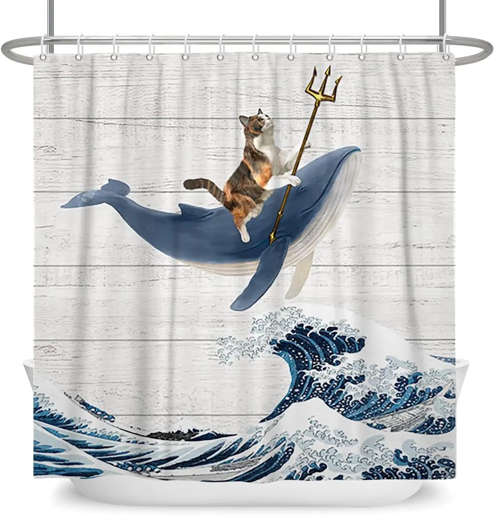 Funny Cat Shower Curtain, Colourful Galaxy Funny Riding Shark In Ocean, Beach Cartoon Turtle Coral Laser Bathroom Decoration