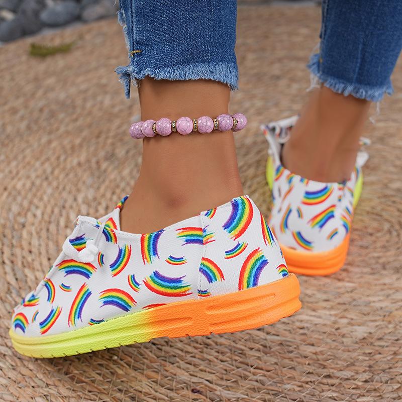 2025 New Plus-size Lace-up Color Low-top Shoes Women's Ethnic Style Graffiti Lazy Canvas Flat Shoes