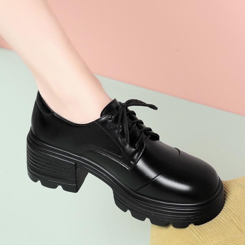 6cm Vintage British Style Thick Bottom Chunky Platform Shoes Oxfords 2025 Spring Black Casual Shoes Soft Leather for Office Mom