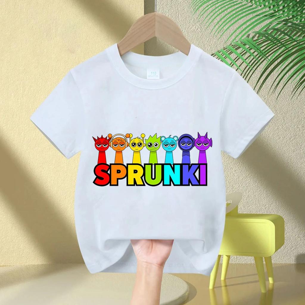 2026 summer short sleeved Sprunki cute and fashionable boy and girl comfortable round neck pure cotton short sleeved Tshirt
