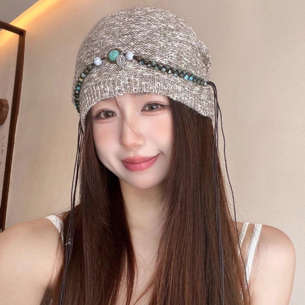 Ethnic Style Bohemian Beanies Hat Coldproof Jacquard Woolen Hat Fashion Beaded Fringed Cap  Female