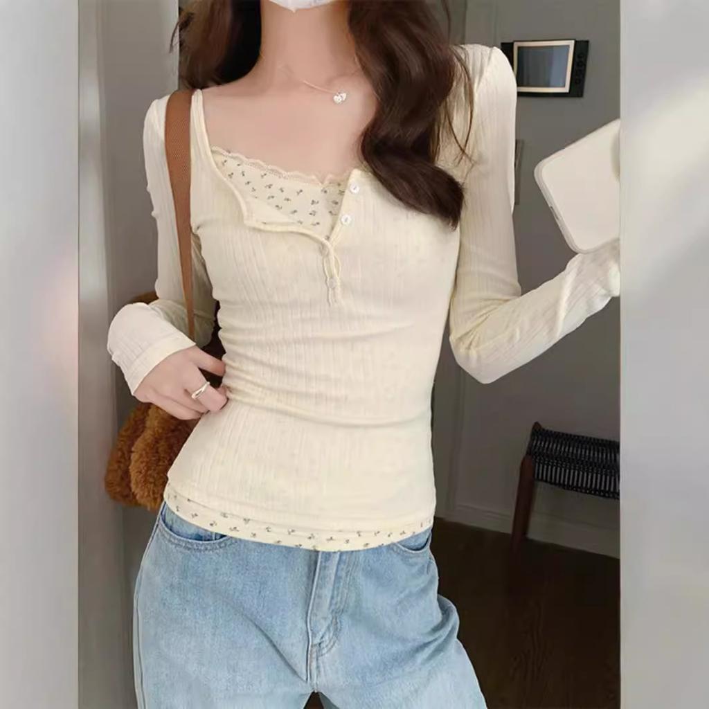 Pure Desire Lace Low-necked T-shirt Women's Early Spring Break Two Bm Floral Bottoming Shirt with Short Top Inside