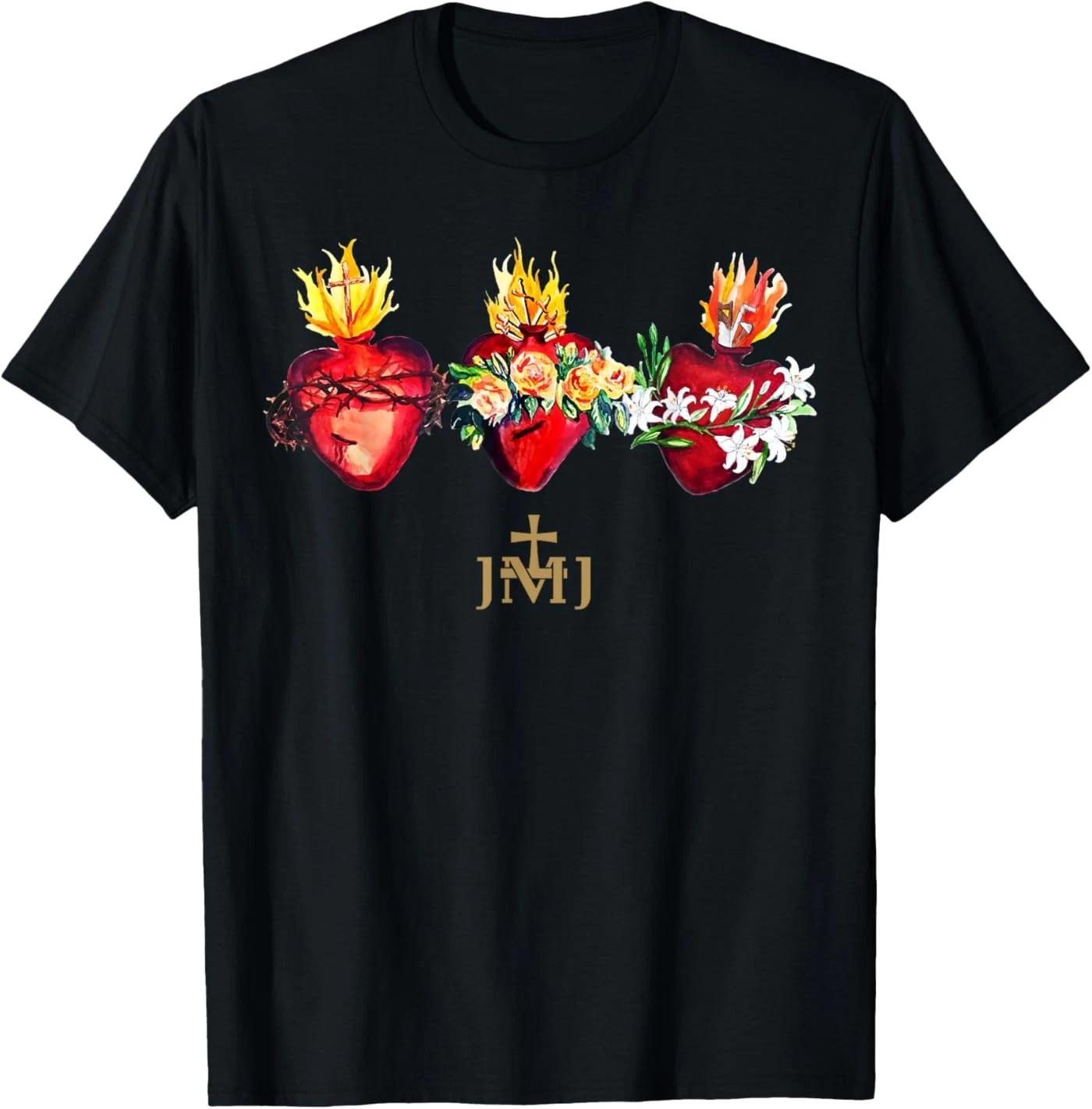 Three Sacred Hearts of Jesus Mary Joseph JMJ Catholic T-Shirt L