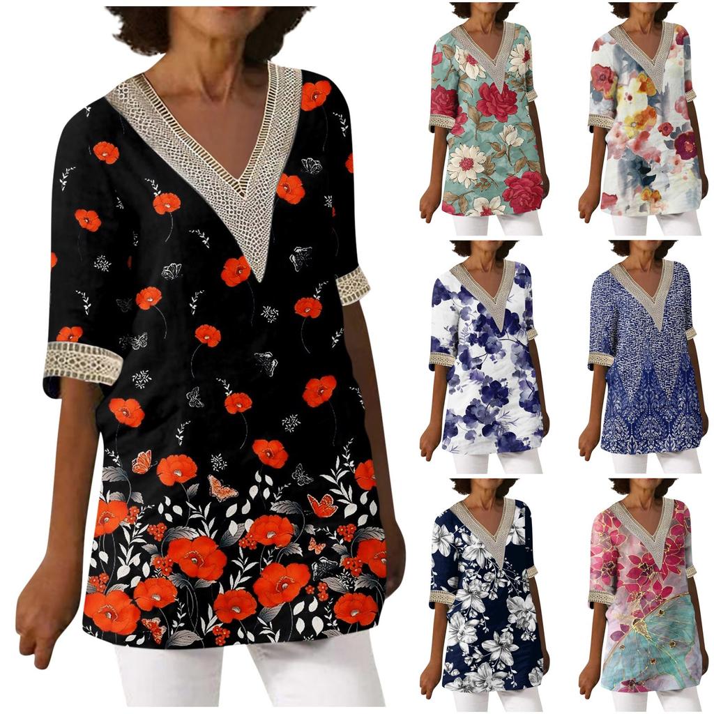 Women Casual Loose Shirts Lace Trim V Neck Tops Print Tops T-shirts Tee