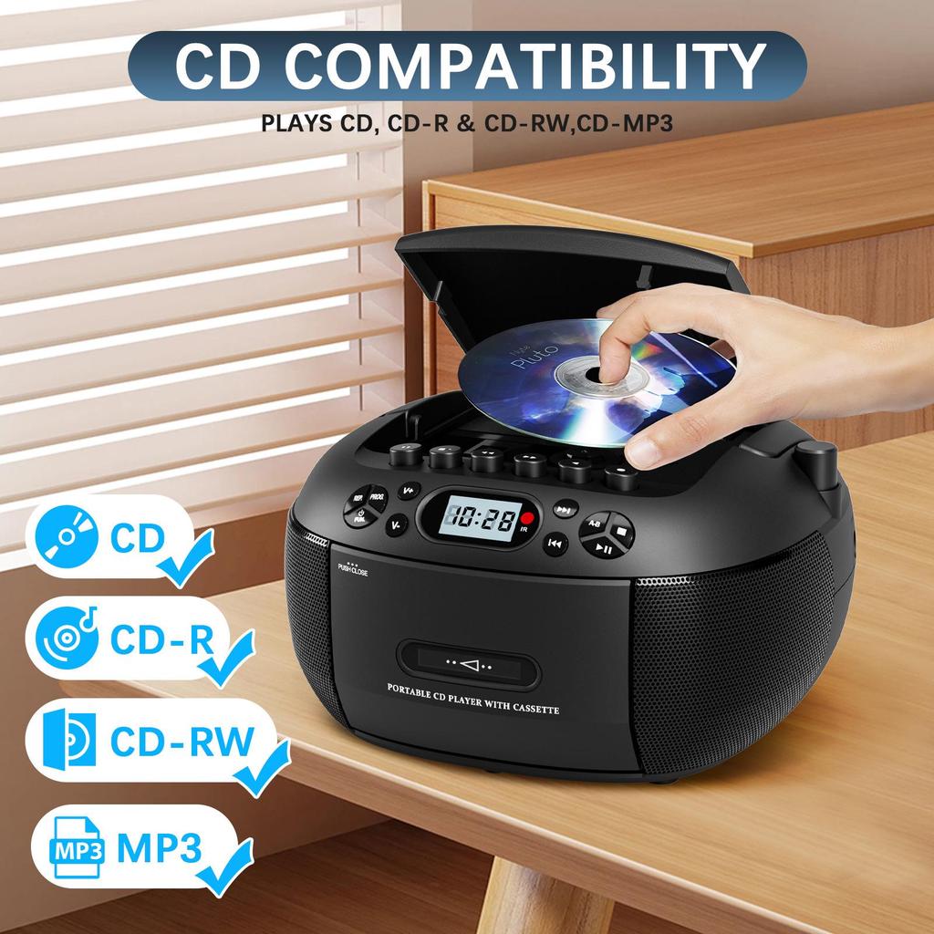 Lecteur CD et Cassette Bluetooth Portable avec Radio