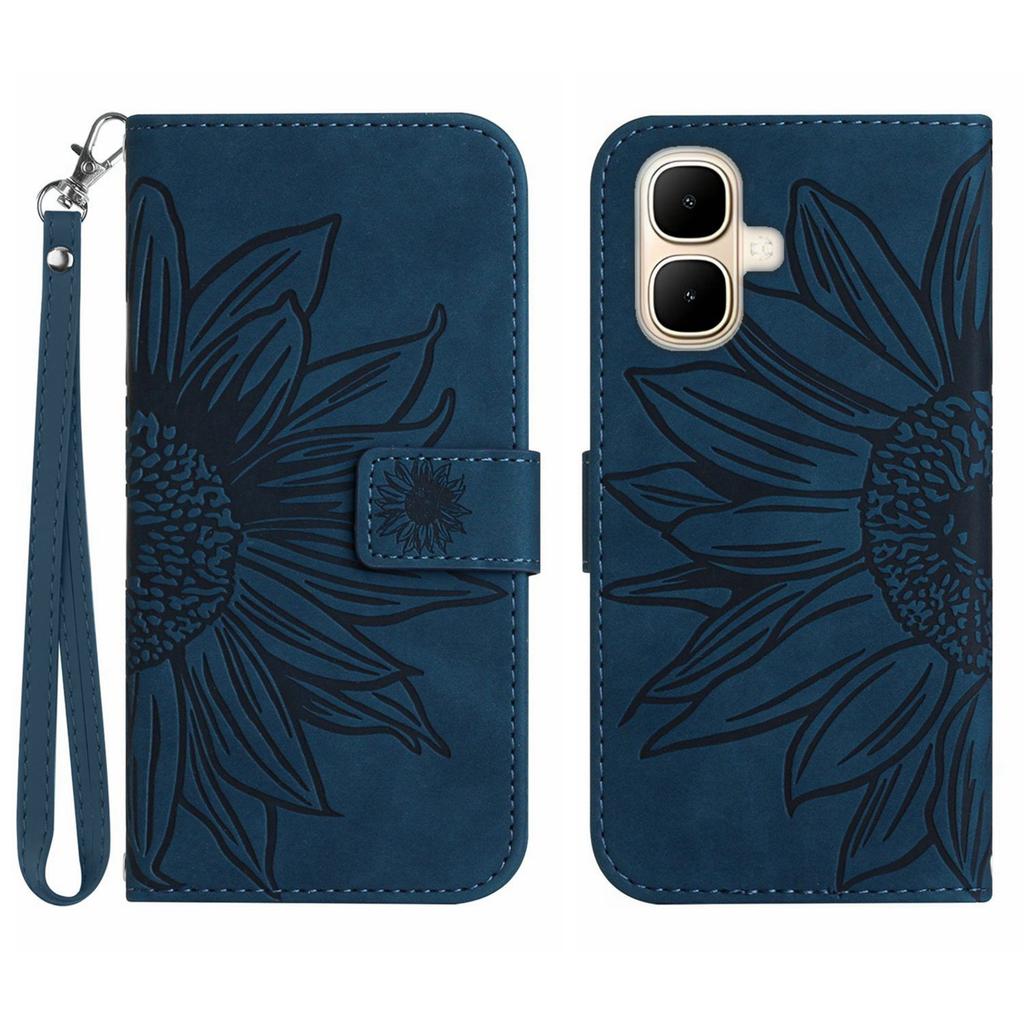 For TECNO Pop 10/Infinix Smart 10 Case Sunflower Imprint Leather Wallet Phone Cover with Wrist Strap