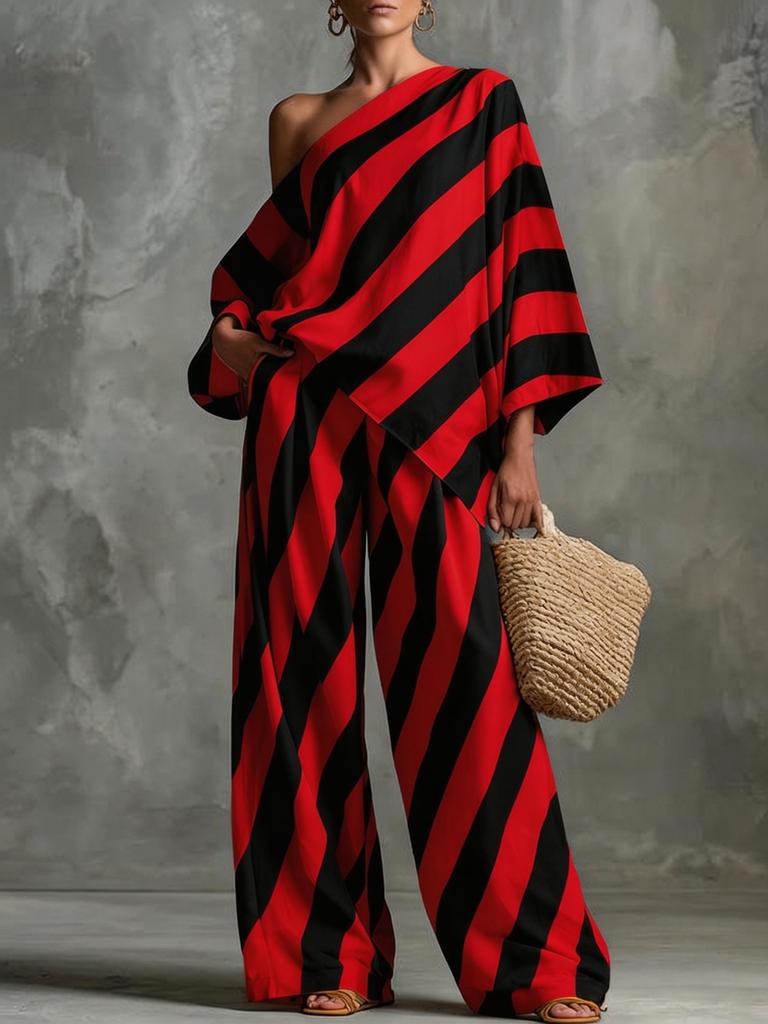 Trendy Lazy Vintage Striped Printed Top & Wide Leg Pants Set
