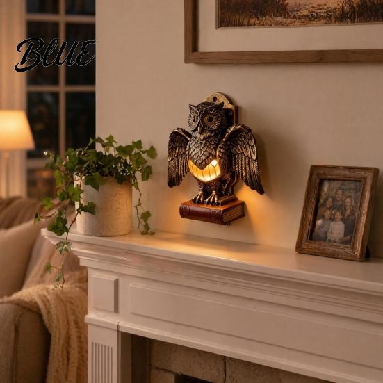 Owl Table Lamp Small Night Light with Golden Owl Farmhouse Bedside Wooden Base for Living Room Bedroom Office Retro Rustic Nightstand Style Lighting