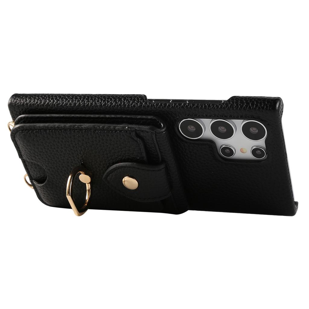 For Samsung Galaxy S24 Ultra Case with Card Holder,Shoulder Strap PC+TPU Ring Kickstand Phone Back Cover