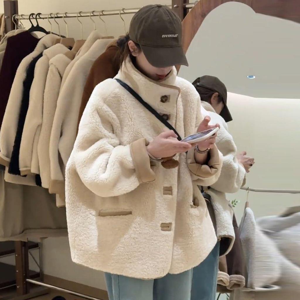 Women's Lambswool Stand Collar Coat, Loose Fit, Fur Integrated, Petite 2025, New Warm Winter Style