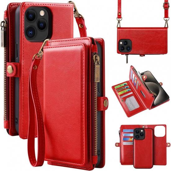 MInCYB for iPhone 16 Pro Wallet Case with Card Holder (10+ Card Slots) - PU Leather Case for Women & Men, Wireless Charging, Detachable Magnetic, iPhone 16 Pro красный