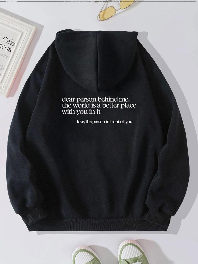 Women'S Fleece Shoulder Sleeve Sweater Letter Slogan Printed Kangaroo Pocket Drawstring Printed Hoodie