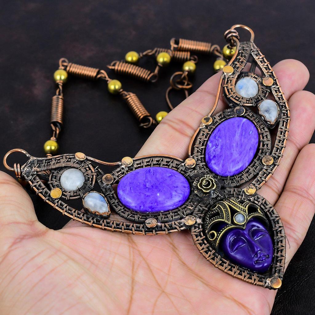 Purple Carved Bone Face Necklace Charoite Necklace Copper Wire Wrapped Necklace Adjustable Chain Necklace Rainbow Moonstone Gemstone Jewelry