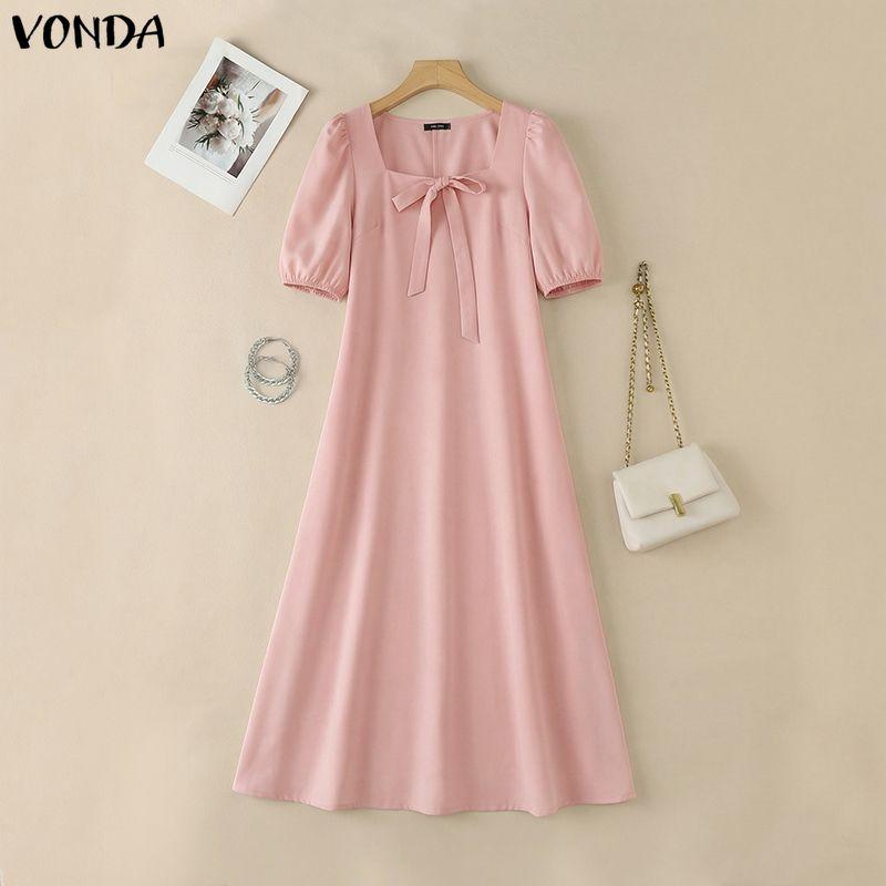 VONDA Abito Maxi Lungo Casual Elegante Estivo da Donna con Scollo Quadrato, Maniche a Sbuffo e Fiocco
