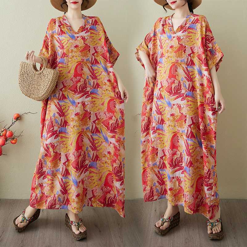 Vestido Largo Vintage para Mujer con Estampados de Algodón y Lino