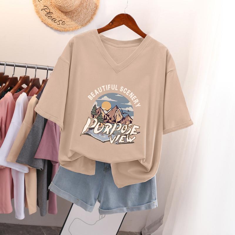 

Женская футболка с коротким рукавом, большого размера, свободная и стройнящая, топ с V-образным вырезом с принтом 5XL абрикосовый