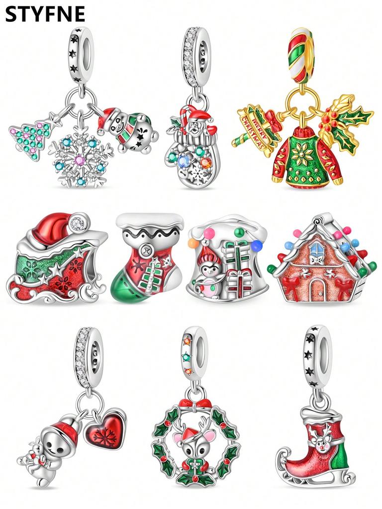 Breloques Originales Plaqué Cuivre Père Noël Flocons de Neige Perles Convient Bracelet Bijoux Femme Cadeau