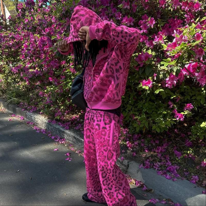 Y2K Leopard Print Hooded Sweatshirt Set Women Loose Fit Zipper Streetwear Two Piece Outfit