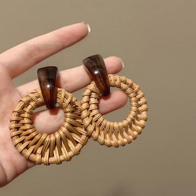 Resin Rattan Pendant Earrings, Simple Retro Ethnic Style Earrings, Fashion Temperament, Versatile Earrings, Women