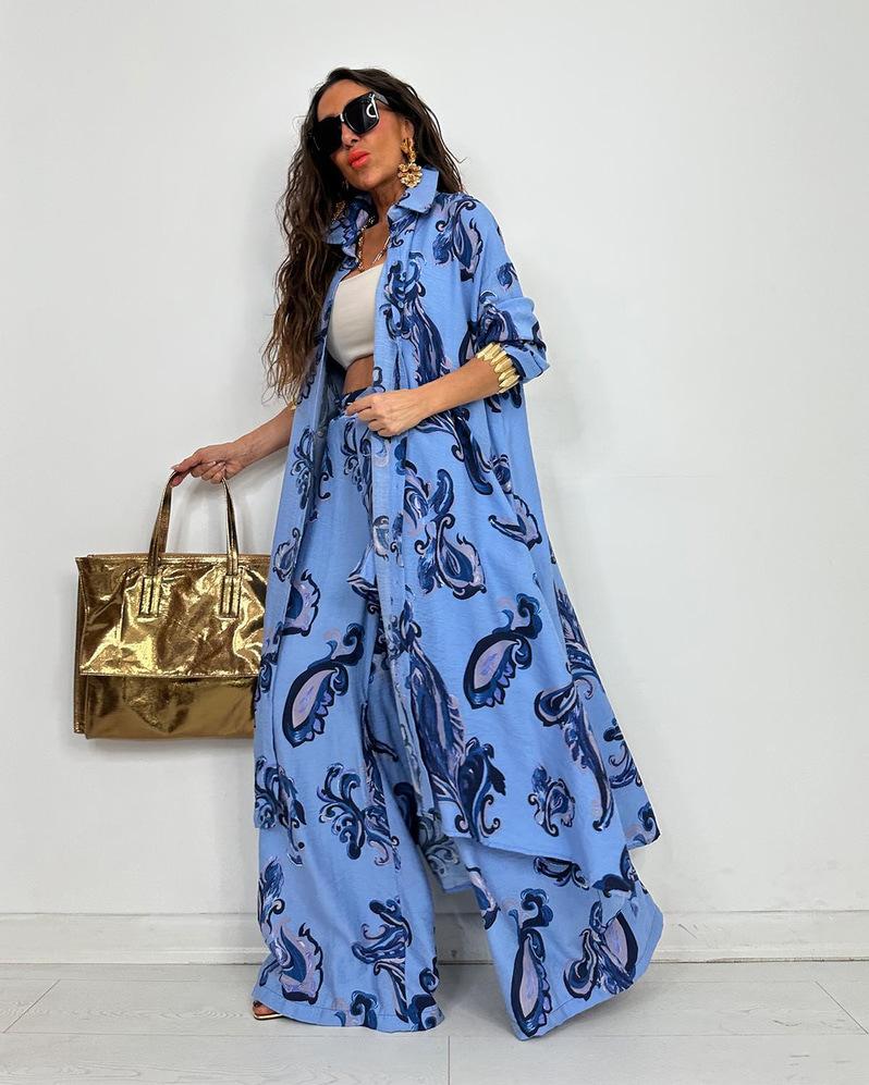 2025 Autumn New Women's Lapel Print Medium and Long Top Wide-leg Pants Two-piece Set