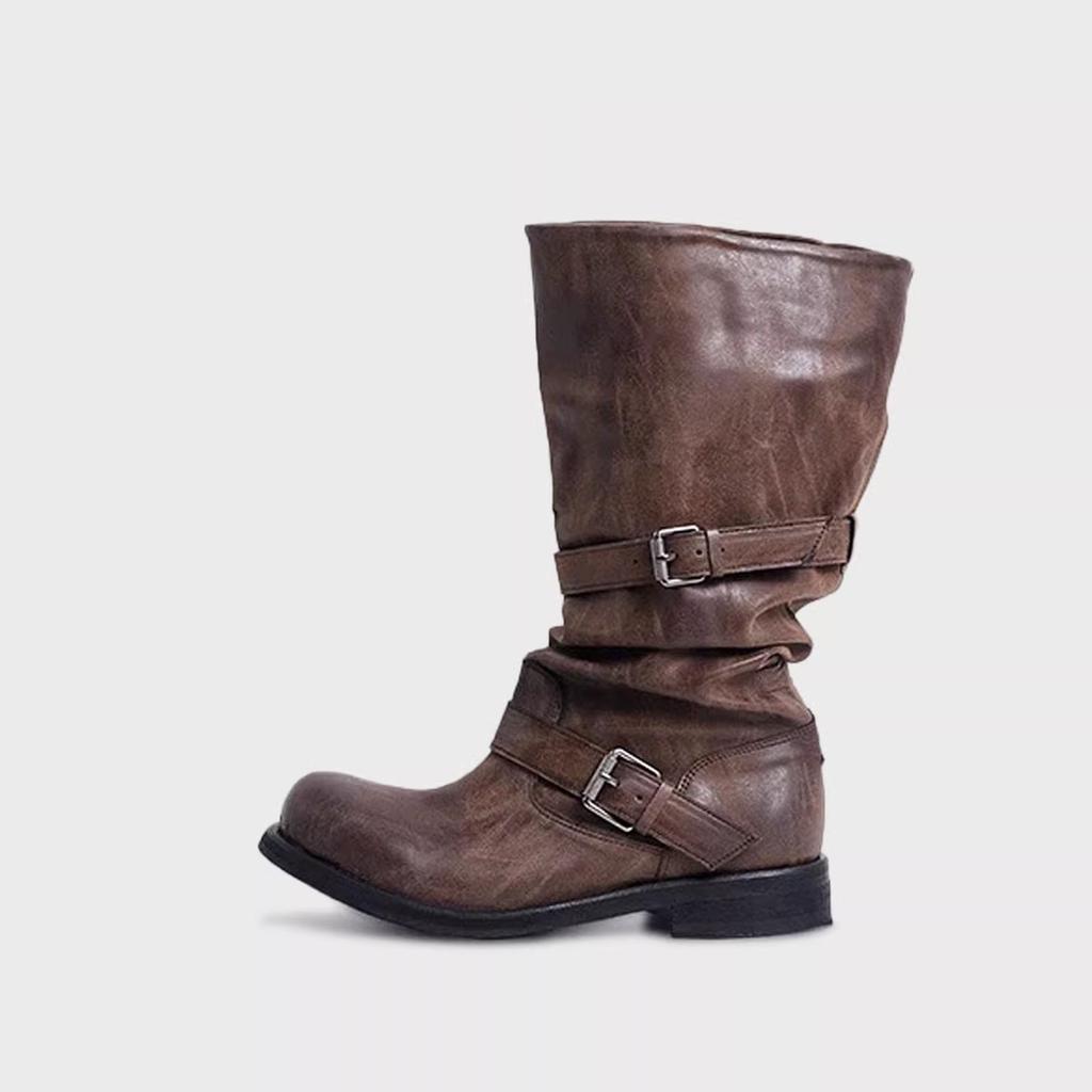 Sheepskin Version~ Western Cowboy Pleated Pile Boots Women's 2025 New Leather Thick Heel Retro Medium Tube Knight Boots