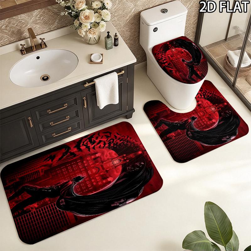 3pcs Black and Red Batman Pattern Flannel Nonslip Absorbent Washable Decorative Bathroom Home Toilet Seat Cover Mat