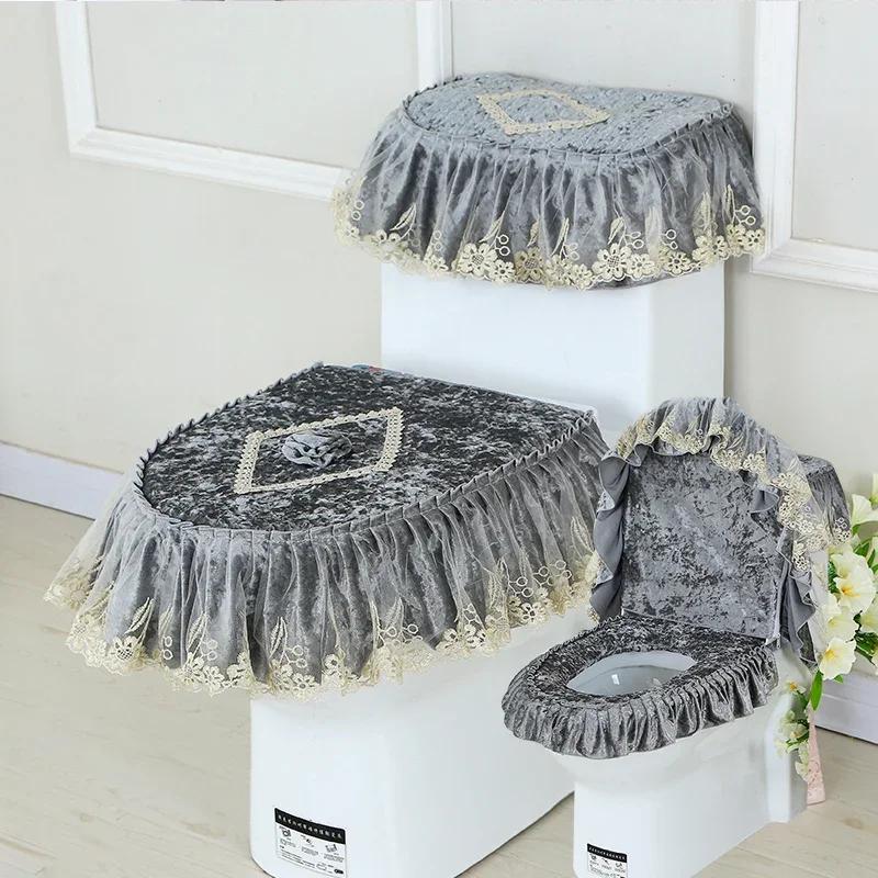 3PCS Velvet Skirt Style Toilet Mat Embroidered Lace Decorated Toilet Seat Mat Printed Dust Cover of Toilet Closestool