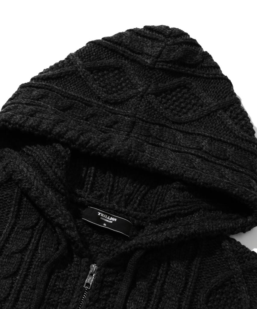 TRILLION Washable Aran Cable Hooded Zip-Up Knit (Pure Black)