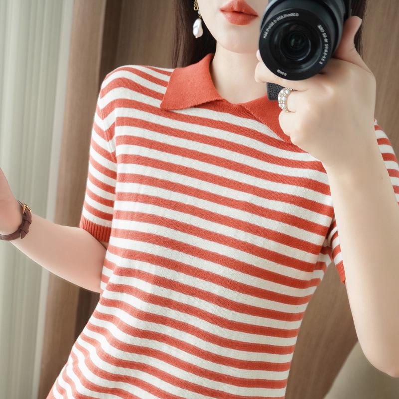 Dame Sommerstrikket Polosweater med Striper - Kortarmet Bomulls-T-skjorte med Søt, Komfortabel Stil