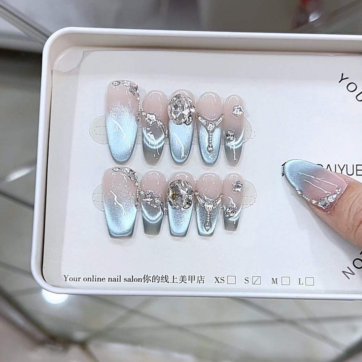 

Плетёная вручную Броня Весна-Лето Новинка Голубой Морской Свет Циркон Голубой Кошачий Глаз Высококлассный Патч для Нейл-арта large L