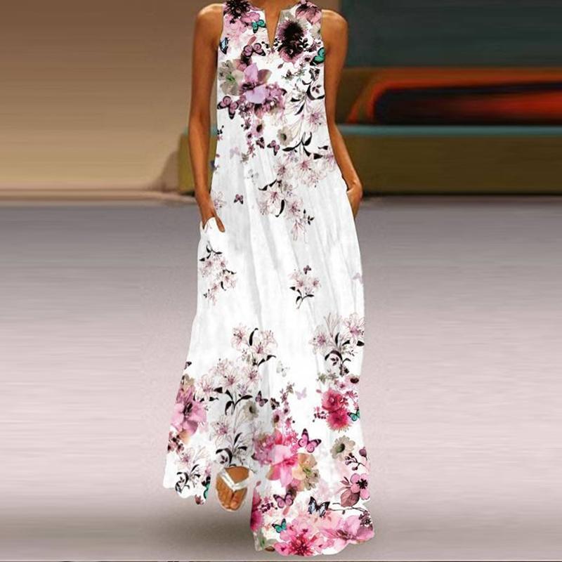 

Новое летнее повседневное длинное женское платье без рукавов больших размеров, элегантное платье свободного покроя с V-образным вырезом и принтом, женское цветочное винтажное модное платье для отпуска 26404 5XL