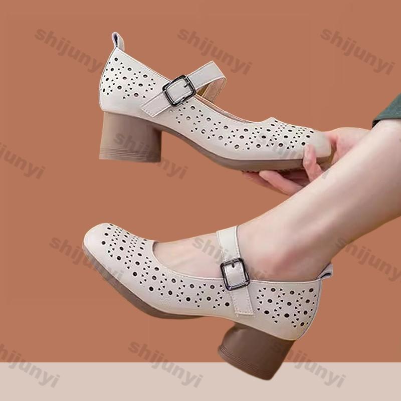 Fashion Elegant Medium Heel Women's Shoes Summer Autumn Fashion Buckle Strap Vintage Hollow Sandals Comfortable Non Slip Mary Jane Shoes