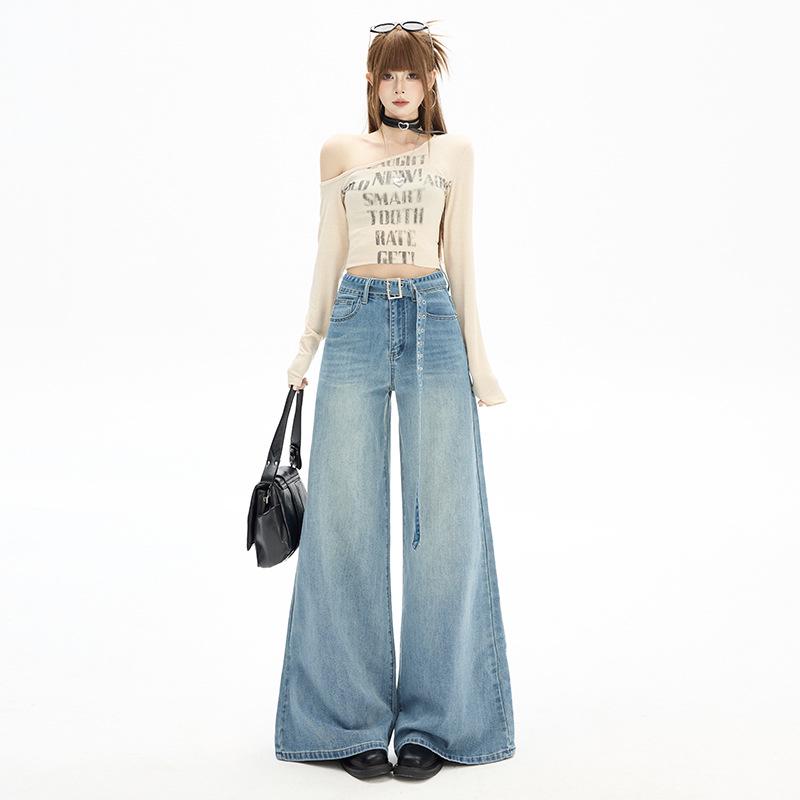 Women's High-Waisted Retro Wide-Leg Jeans, Spring/Autumn Style, Elastic, Loose Fit