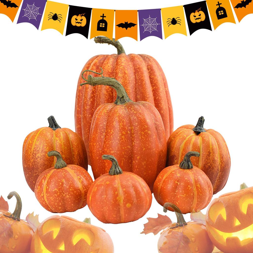 7pcs Decorative Large Small Outdoor Orange Foam Plastic Fake Faux Artificial Pumpkins Halloween Autumn Orange Pumpkin