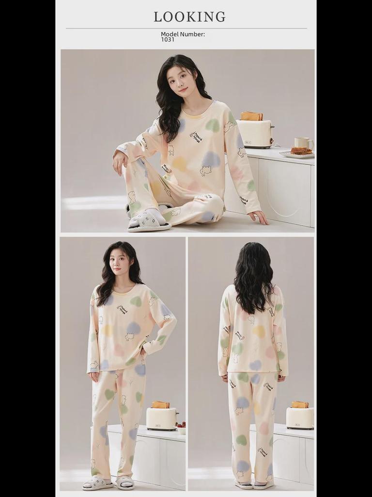 Women's Cartoon Long-Sleeve Pajamas with Chest Pads - Lightweight Home Loungewear for Autumn and Spring