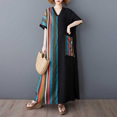 Women's Striped Patchwork Black Long Dress Retro Robe