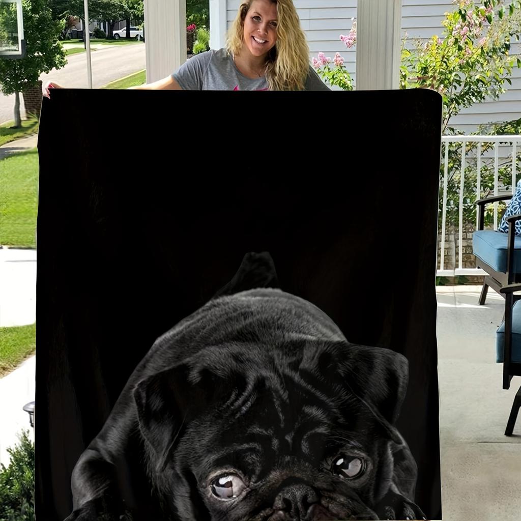 A cute black pug dog Flannel printed blanket suitable for all seasons suitable for living room office sofa and travel 180x250CM