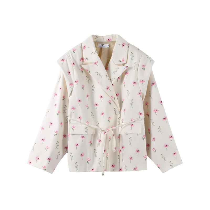 

Модные цветочные пояса Блейзер Пальто Женское с подплечниками Однобортное с лацканами Длинный рукав Уличная куртка 2025 Весна Праздничная вечеринка L бежевый