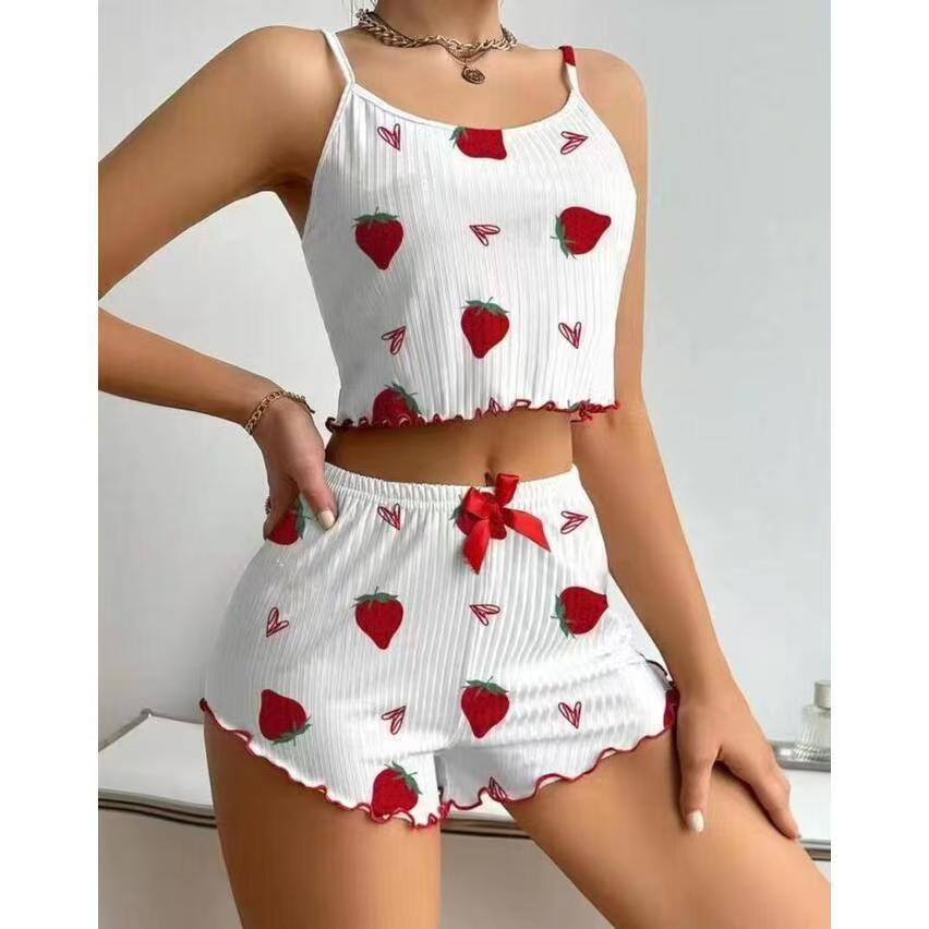 European and American Strawberry Love Printing Pit Strip Set Suspender Shorts Two-piece Set Women's Loungewear