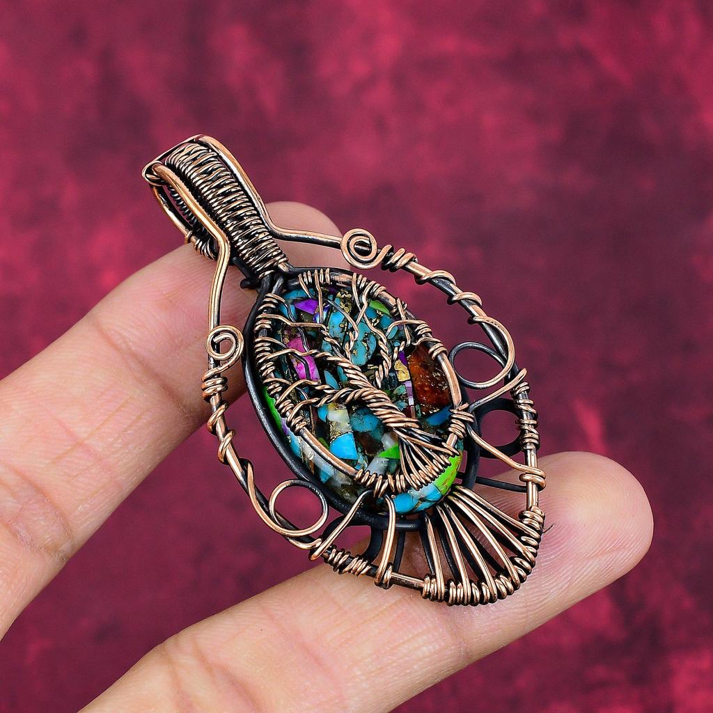 Tree Of Life Fiesta Kingman Turquoise Pendant Copper Wire Wrapped Jewelry