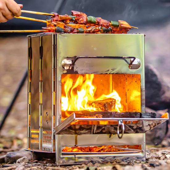 Stainless Steel Wood Burning Stove Outdoor Camping Hiking Picnic BBQ Cooking Folding Stove Portable Wood Burner Camp Stove with Ash Tray