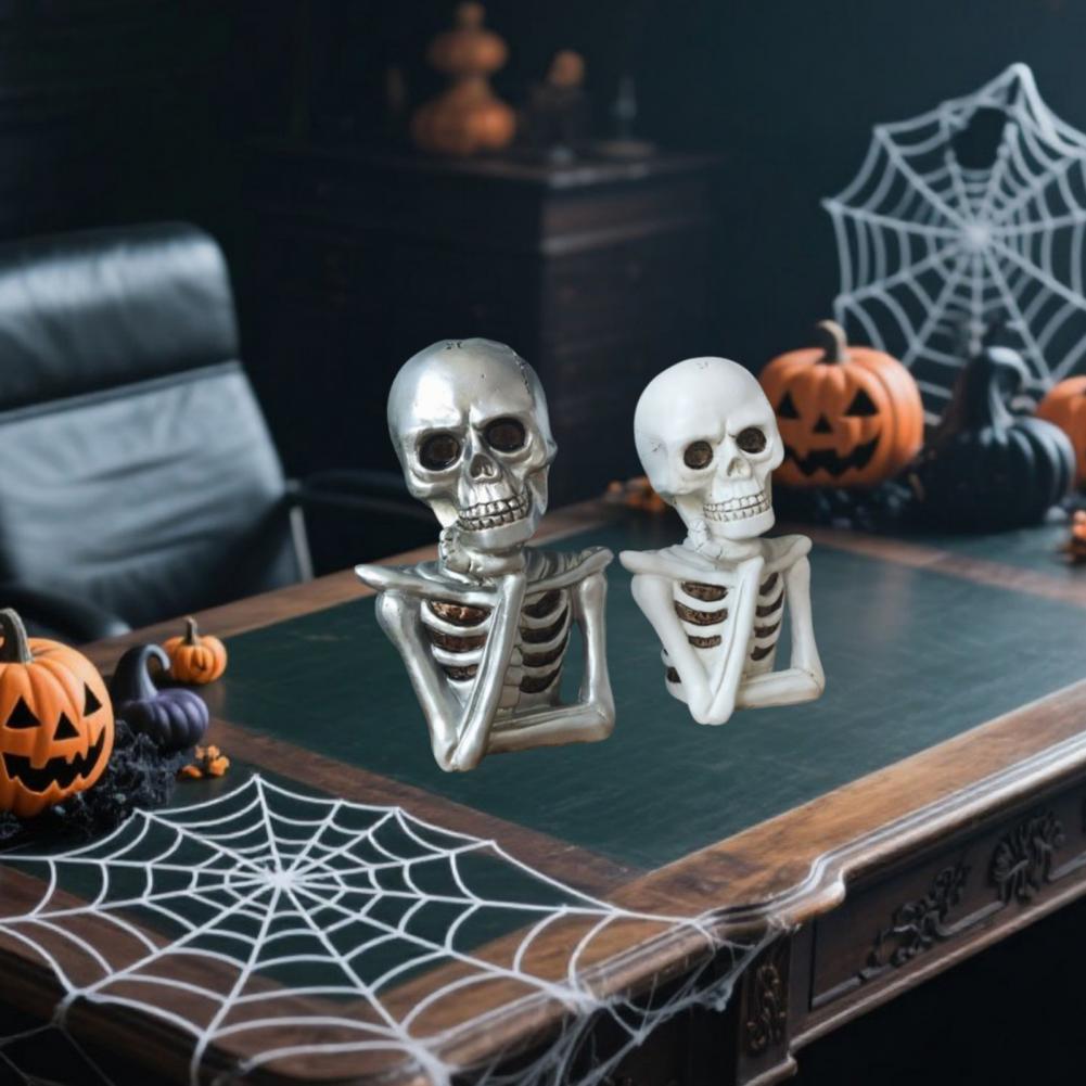 2 Pcs Gothic Skeleton Figurine Creepy Halloween Skull Statue Realistic Resin Tabletop Ornament for Home Bookshelf Decoration