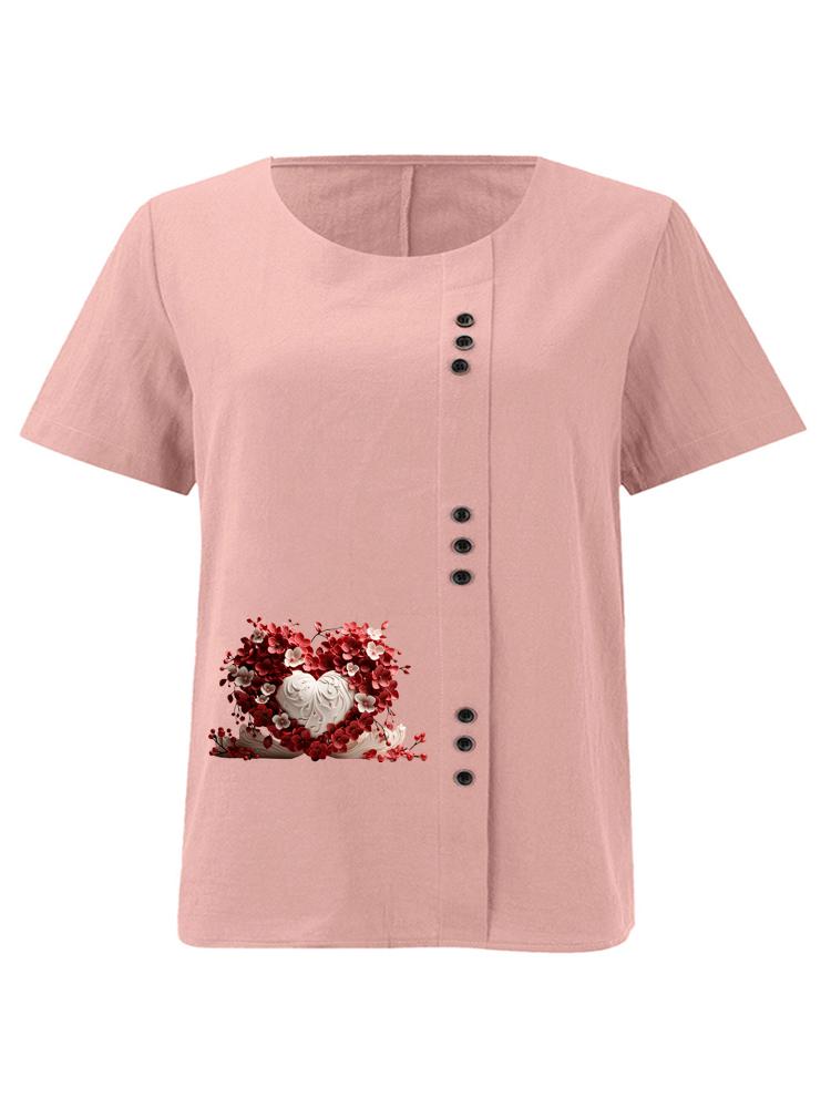 

Women s Fashion Heart Shaped Flowers Print Round Neck Short Sleeve T-shirt Summer Casual Cotton Linen Graphic Shirt Leisure Loose Blouse Tops S розовый