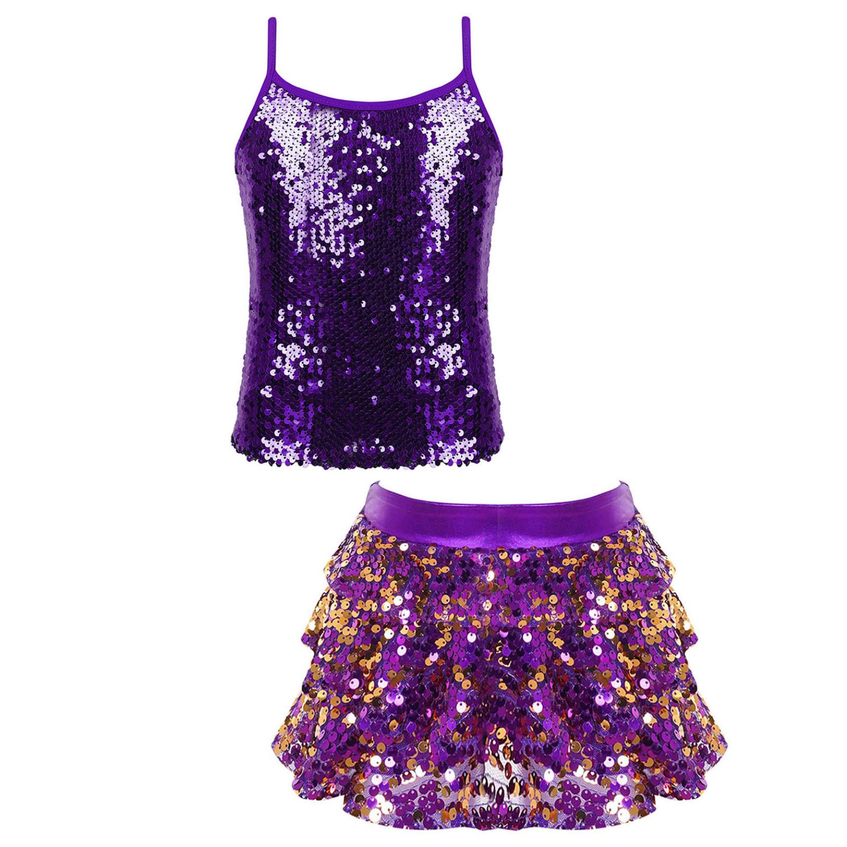 

Детский танцевальный наряд из двух предметов для девочек, блестящие топы на бретельках с блестками и многоярусные шорты с юбкой с рюшами, шорты-кюлоты 11-12 Years фиолетовый