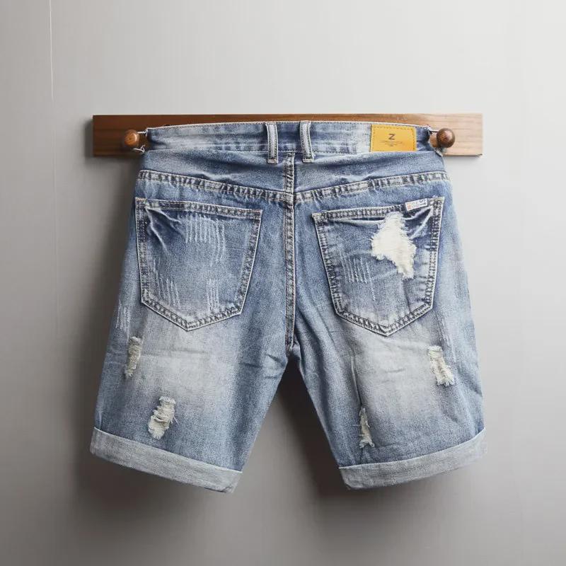 Men's Slim Korean Style Light-Colored Ripped Denim Shorts - Summer Breeches with Raw Edges