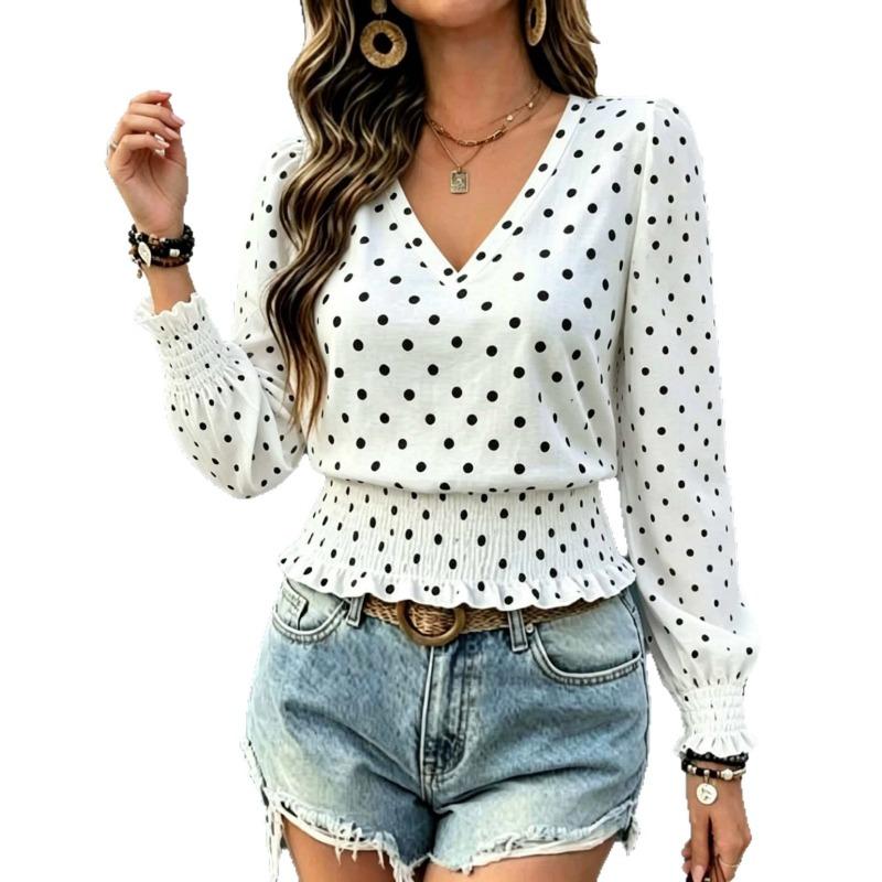 Long Sleeve V Neck Polka Dot Casual Top