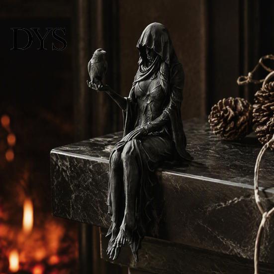Tabletop Shelf Decoration Gothic Raven Sitter Statue, Hooded Lady Reaper Figurine, 3D Printed Dark Creative Bookshelf Statue Edge Sitter, Witchy Room